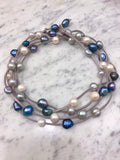 Extra Long Suede Pearl Necklace: Iridescent Blue, White & Silver
