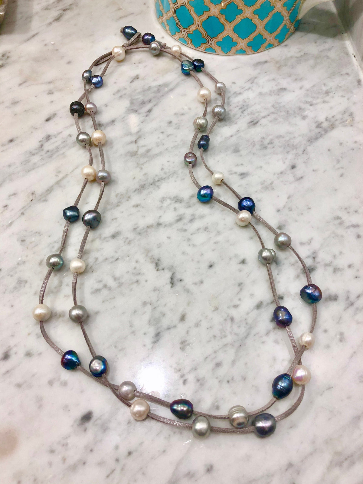 Extra Long Suede Pearl Necklace: Iridescent Blue, White & Silver