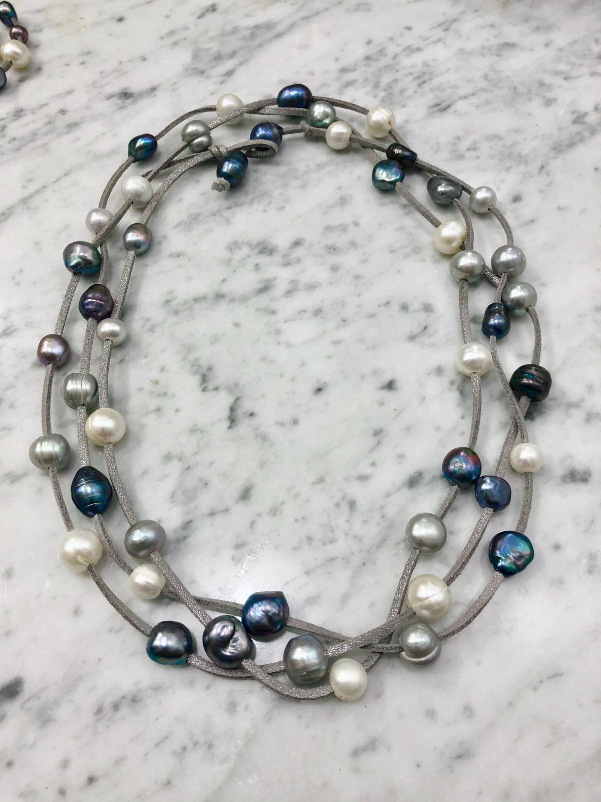 Extra Long Suede Pearl Necklace: Iridescent Blue, White & Silver