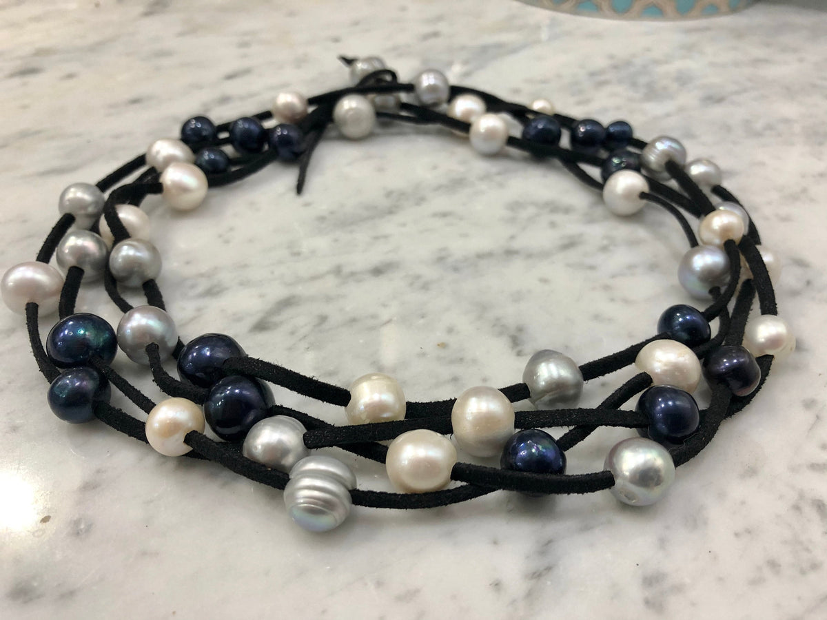 HUGE Black, White and Silver Freshwater Pearls on SUPER LONG Black Suede