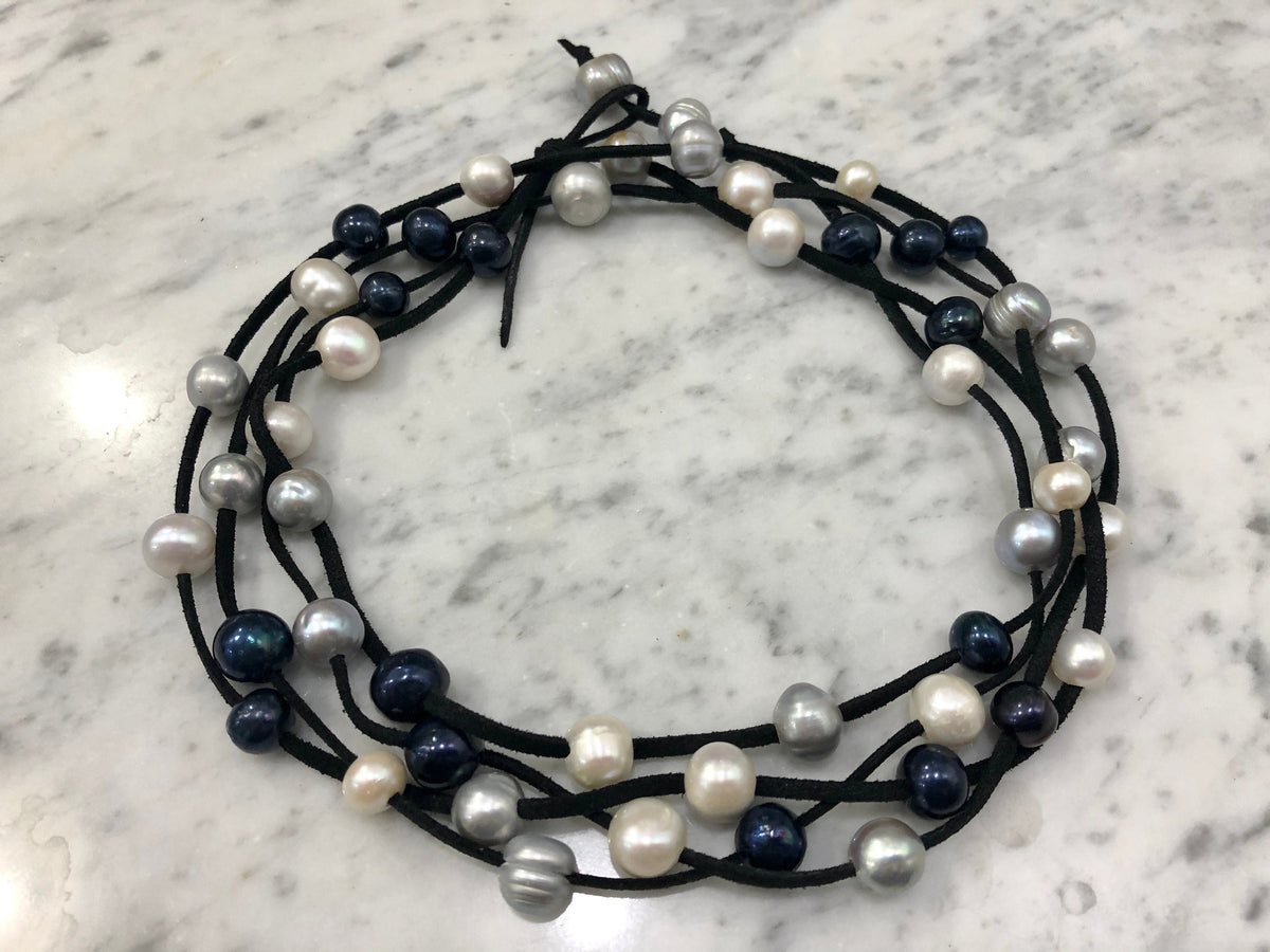 HUGE Black, White and Silver Freshwater Pearls on SUPER LONG Black Suede