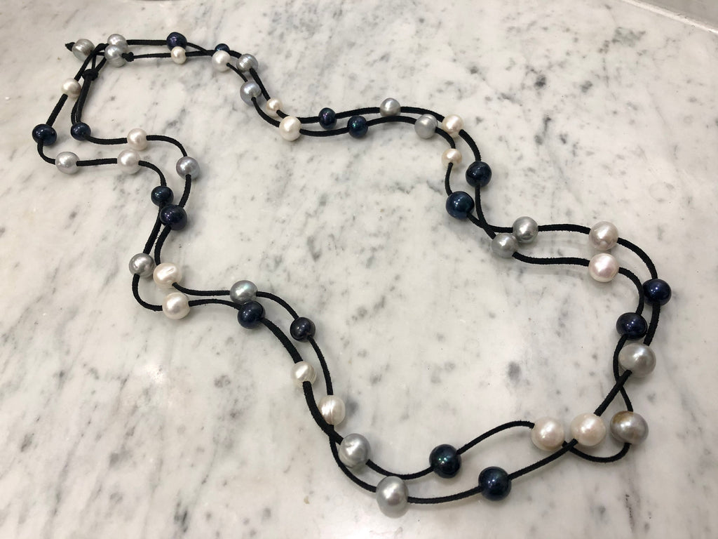 HUGE Black, White and Silver Freshwater Pearls on SUPER LONG Black Suede