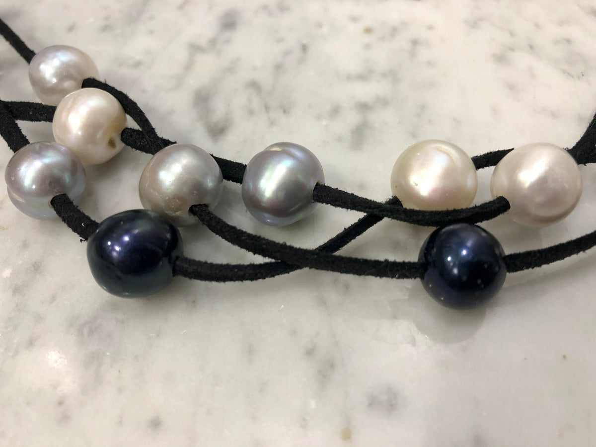 HUGE Black, White and Silver Freshwater Pearls on SUPER LONG Black Suede