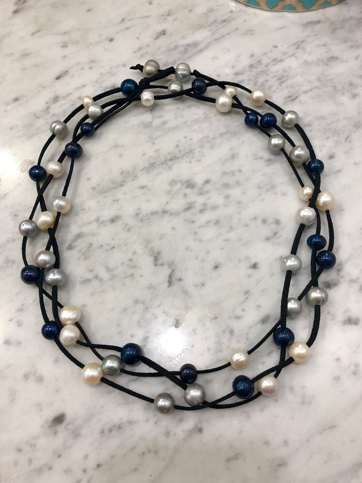 HUGE Black, White and Silver Freshwater Pearls on SUPER LONG Black Suede