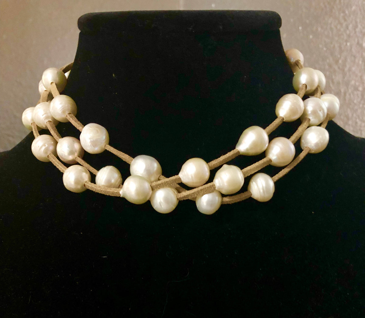 3 Strand freshwater White Pearls and suede necklace