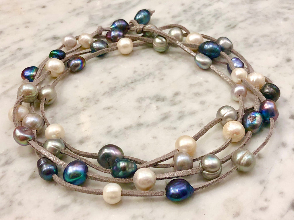 Extra Long Suede Pearl Necklace: Iridescent Blue, White & Silver