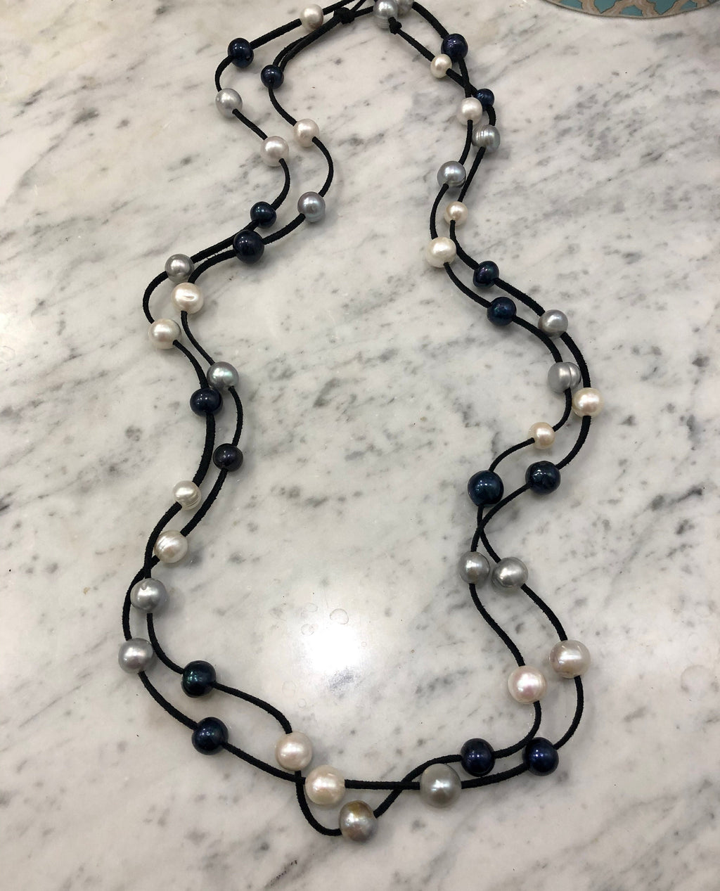 HUGE Black, White and Silver Freshwater Pearls on SUPER LONG Black Suede