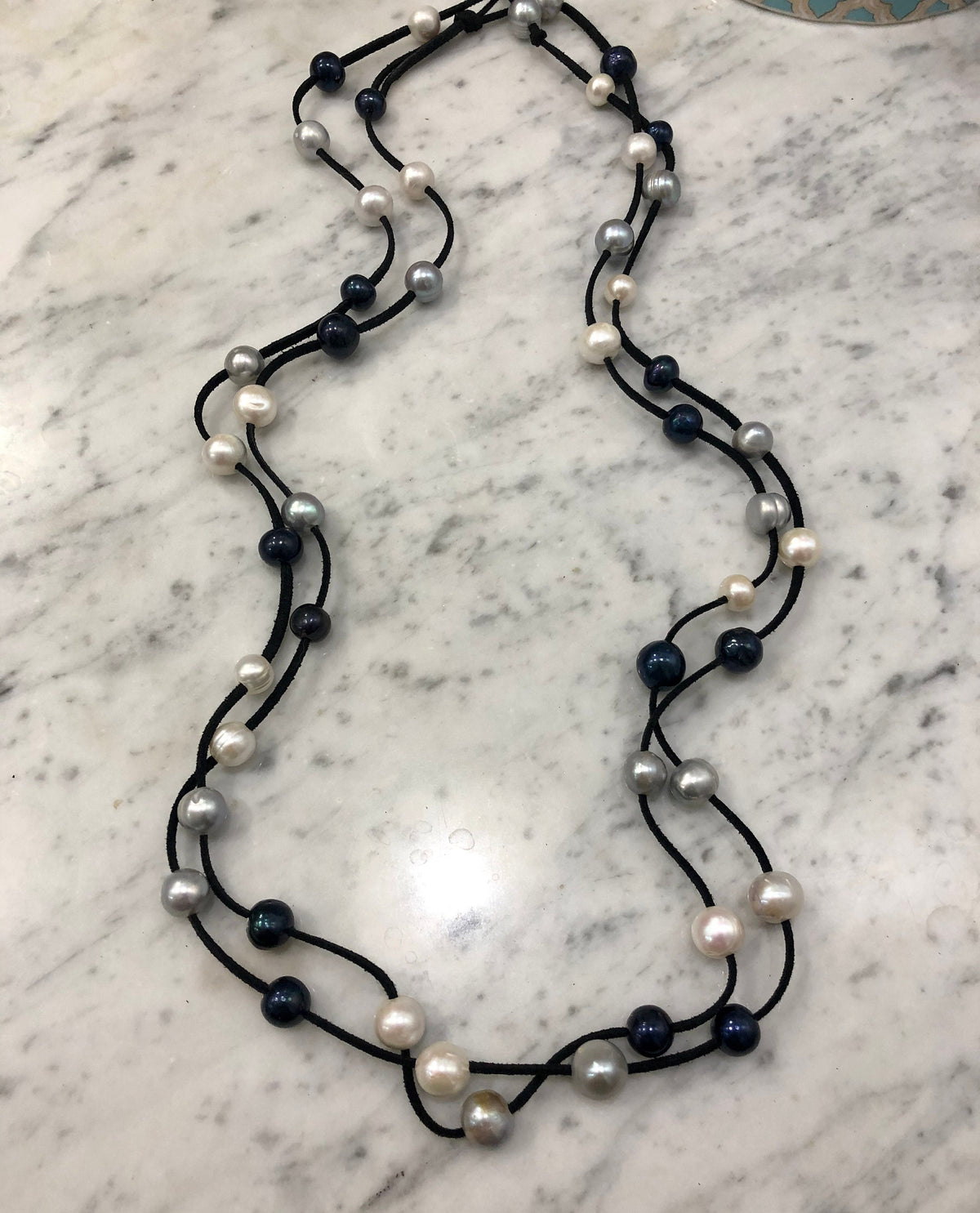 HUGE Black, White and Silver Freshwater Pearls on SUPER LONG Black Suede
