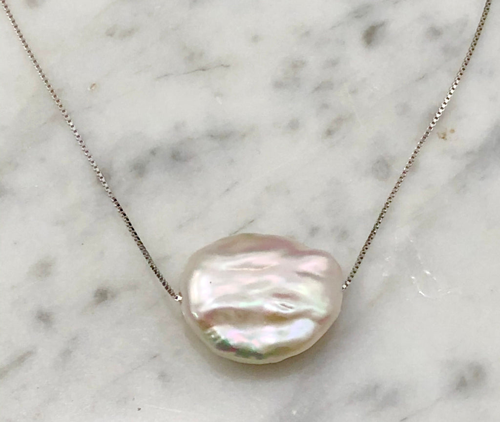 Sterling Silver Coin Pearl Necklace - 17.5 inch Floating Pearl