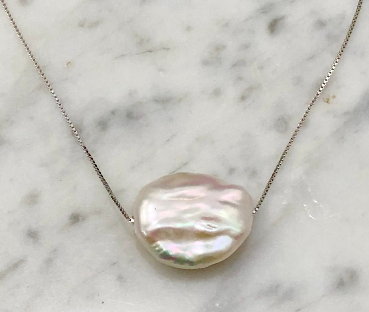 Sterling Silver Coin Pearl Necklace - 17.5 inch Floating Pearl