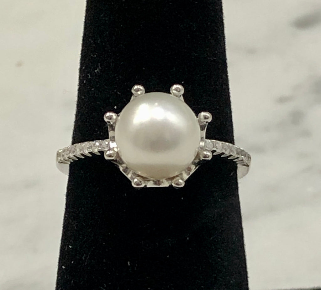 White Pronged Pearl Sterling Ring