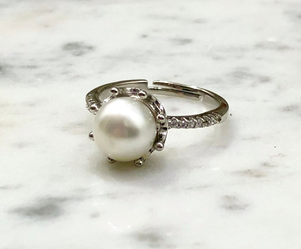 White Pronged Pearl Sterling Ring