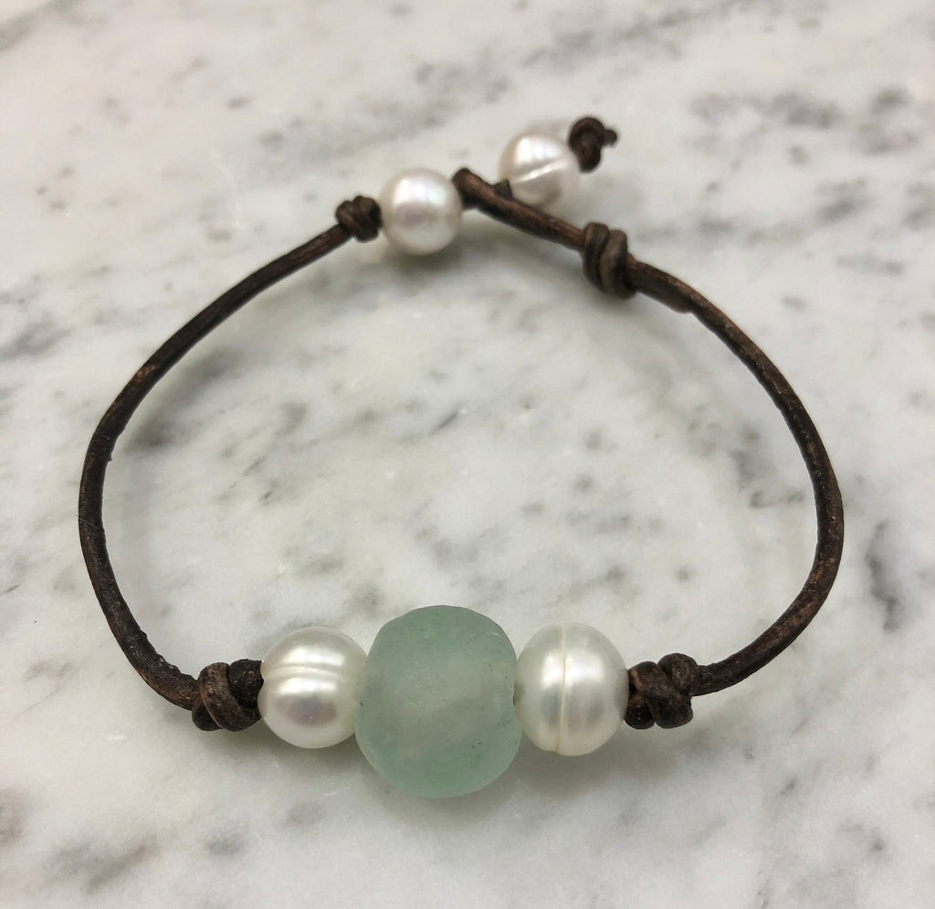 Ice Blue Seaglass and Freshwater Pearl bracelet