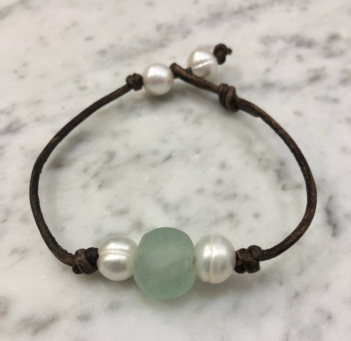 Ice Blue Seaglass and Freshwater Pearl bracelet