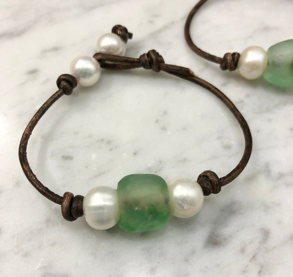 Seafoam green Seaglass and pearl bracelet