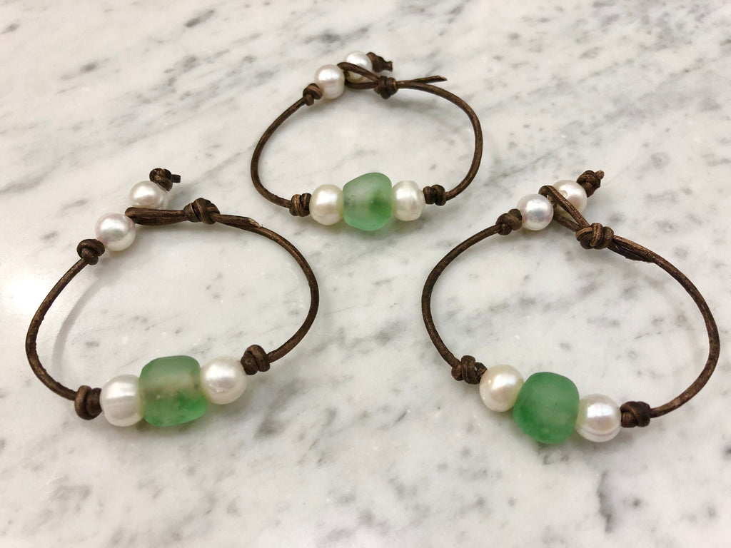 Seafoam green Seaglass and pearl bracelet