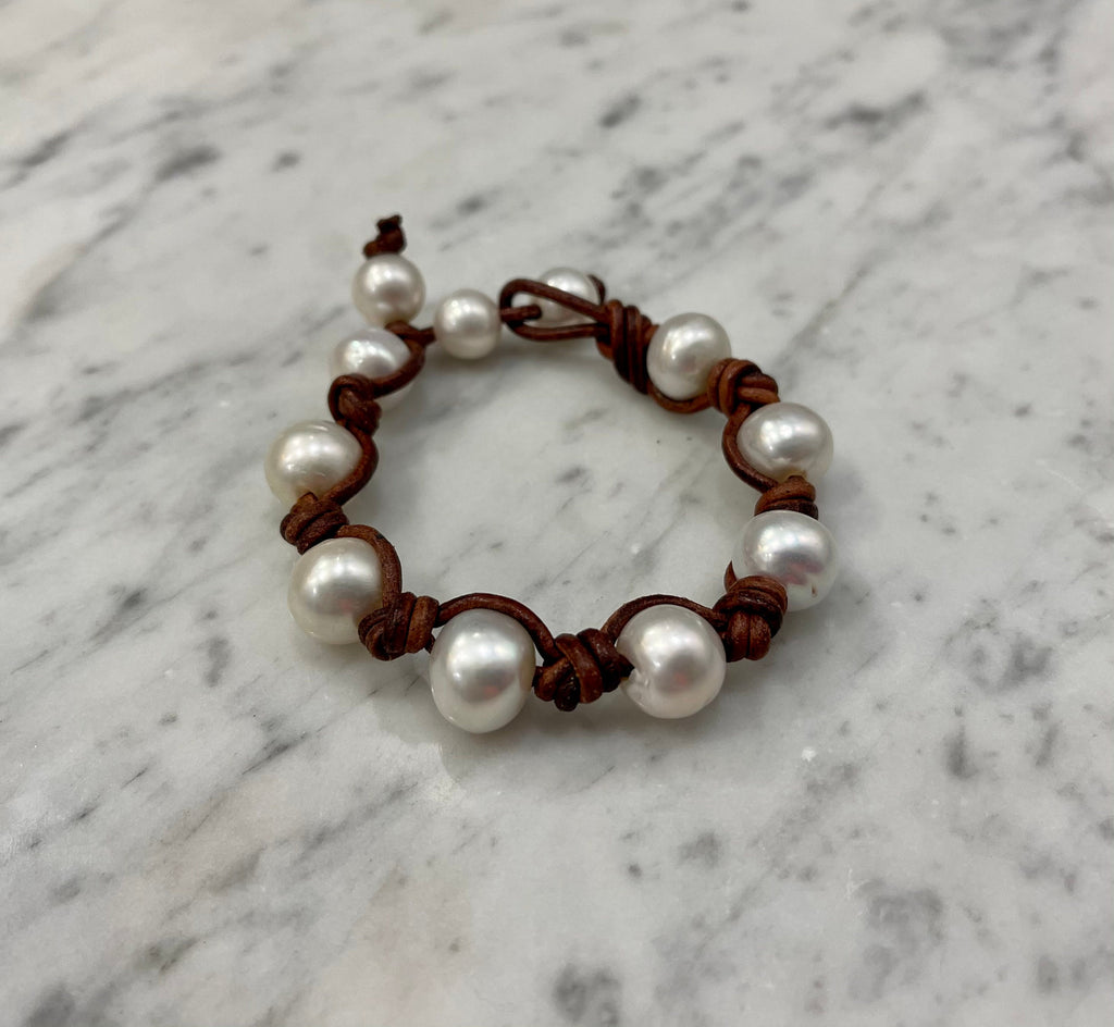 Giant White Pearl and Knotted Leather Bracelet