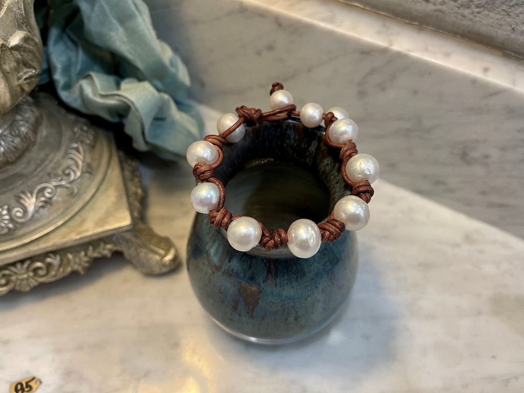 Giant White Pearl and Knotted Leather Bracelet