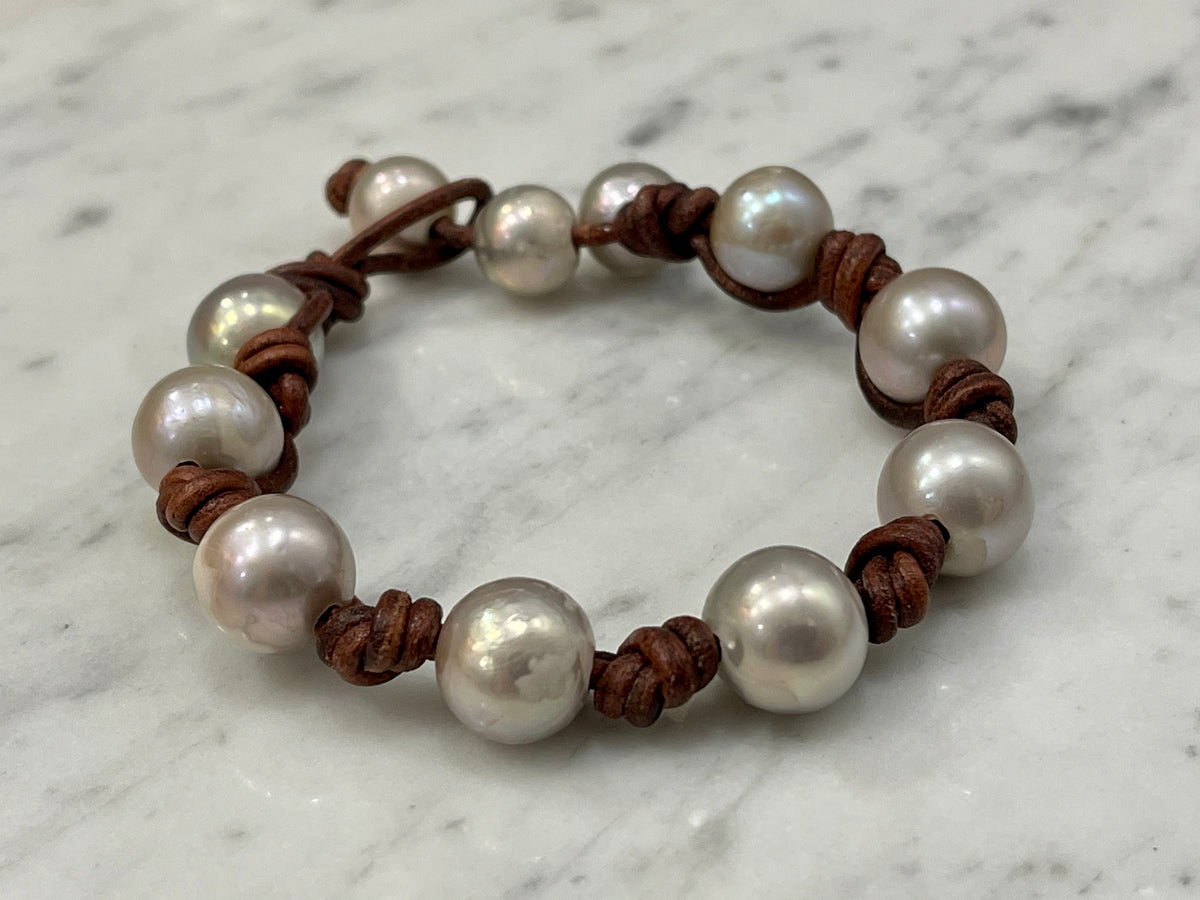 12mm Iridescent Silver Pearl and Knotted Brown Leather Bracelet