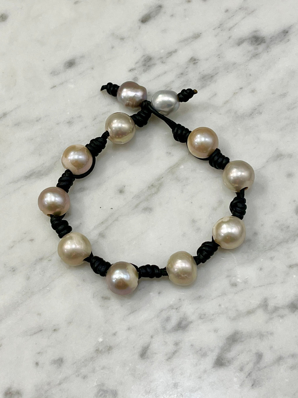 12mm Iridescent Silver Pearl and Knotted Black Leather Bracelet