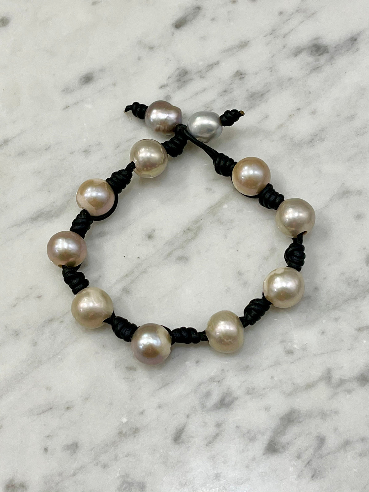 12mm Iridescent Silver Pearl and Knotted Black Leather Bracelet