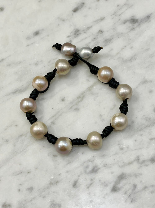 12mm Iridescent Silver Pearl and Knotted Black Leather Bracelet