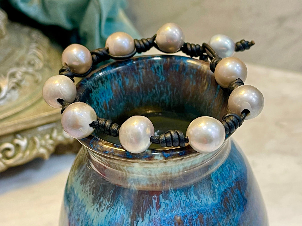 12mm Iridescent Silver Pearl and Knotted Black Leather Bracelet