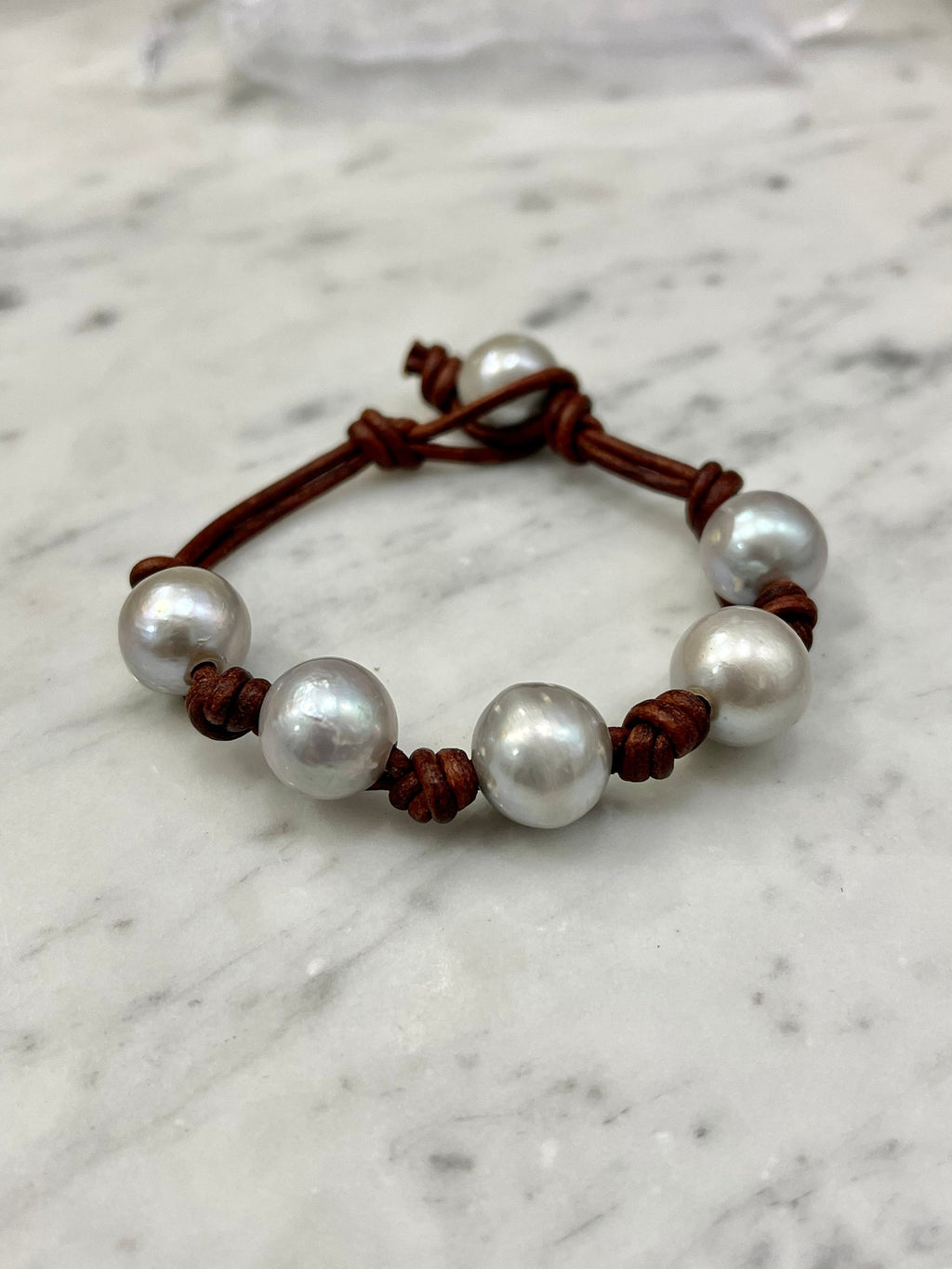 White, Silver or Dark Navy pearls on leather bracelet