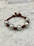 White, Silver or Dark Navy pearls on leather bracelet