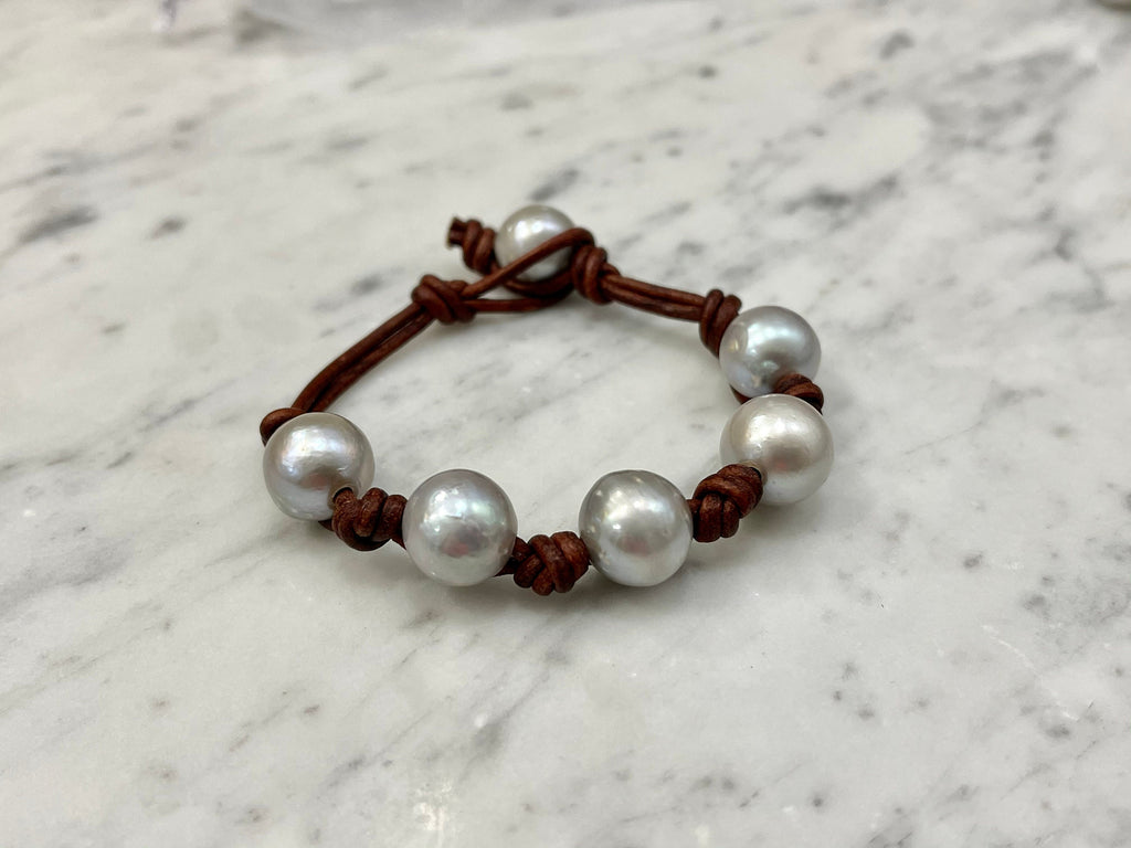 White, Silver or Dark Navy pearls on leather bracelet