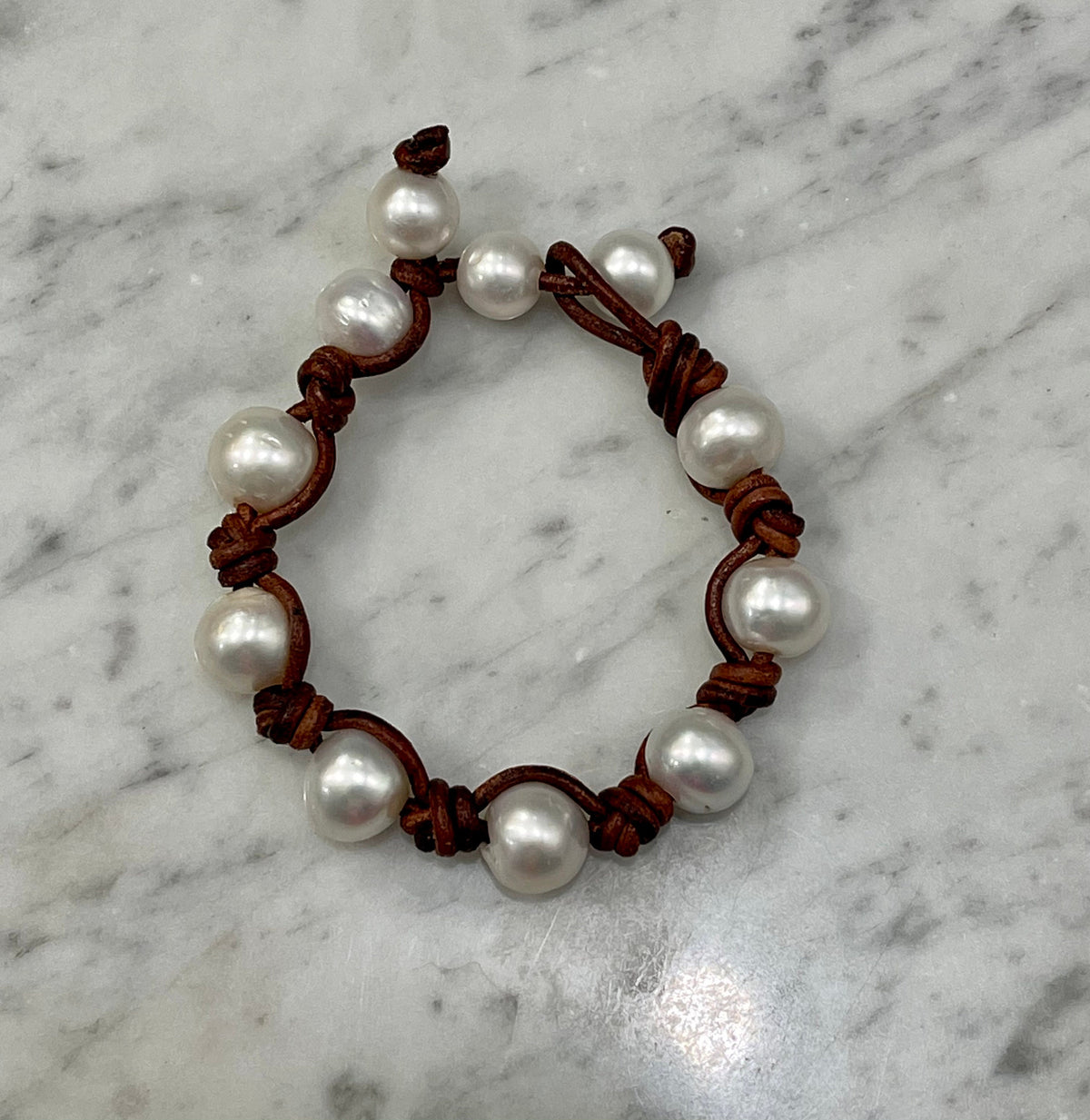 Giant White Pearl and Knotted Leather Bracelet