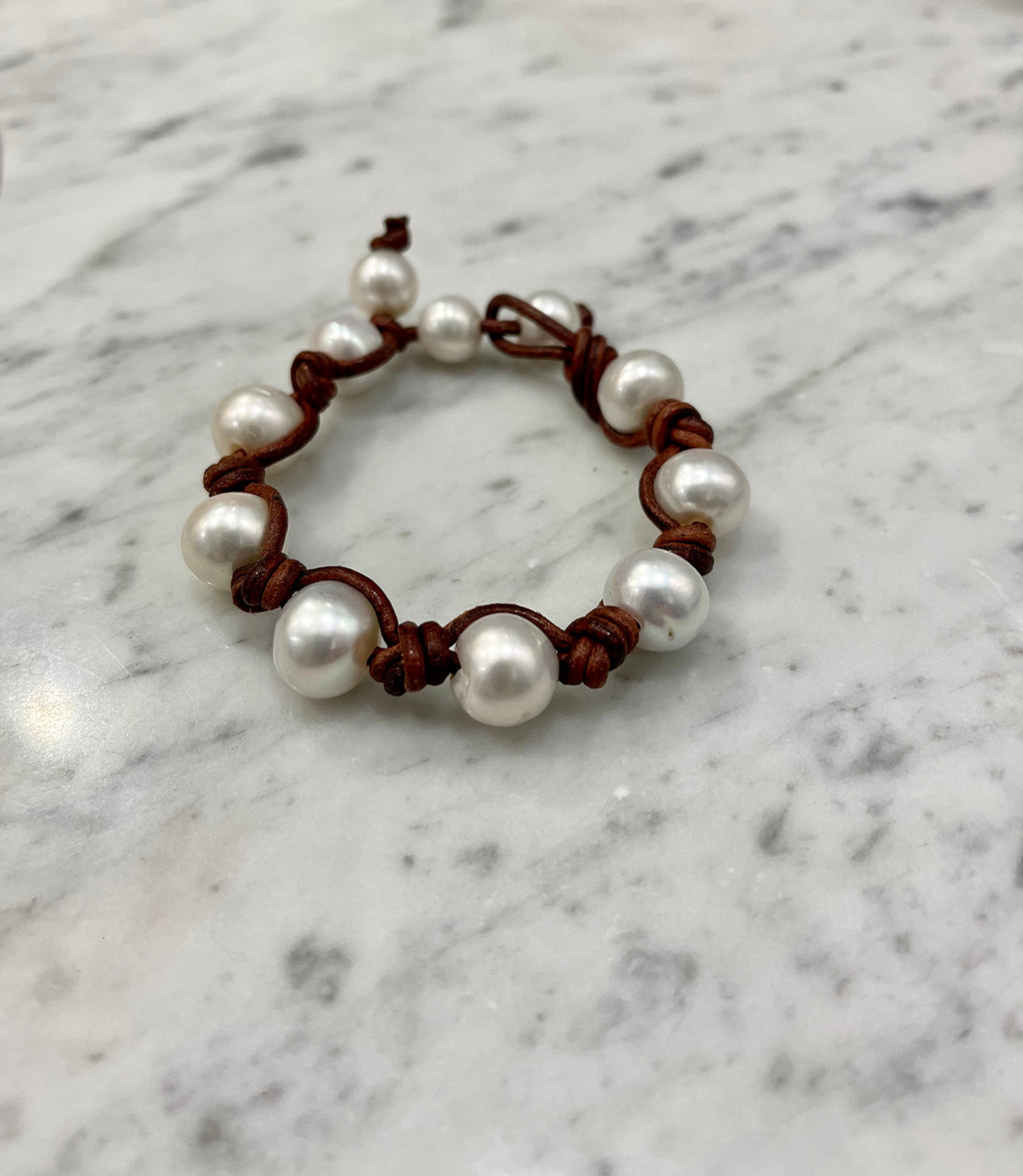 Giant White Pearl and Knotted Leather Bracelet