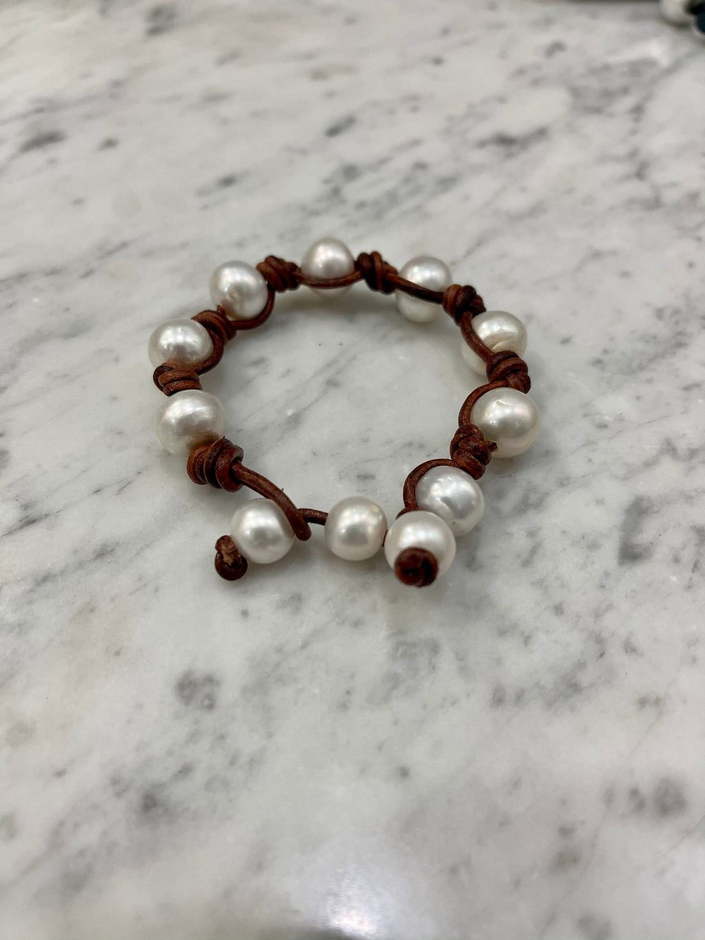 Giant White Pearl and Knotted Leather Bracelet