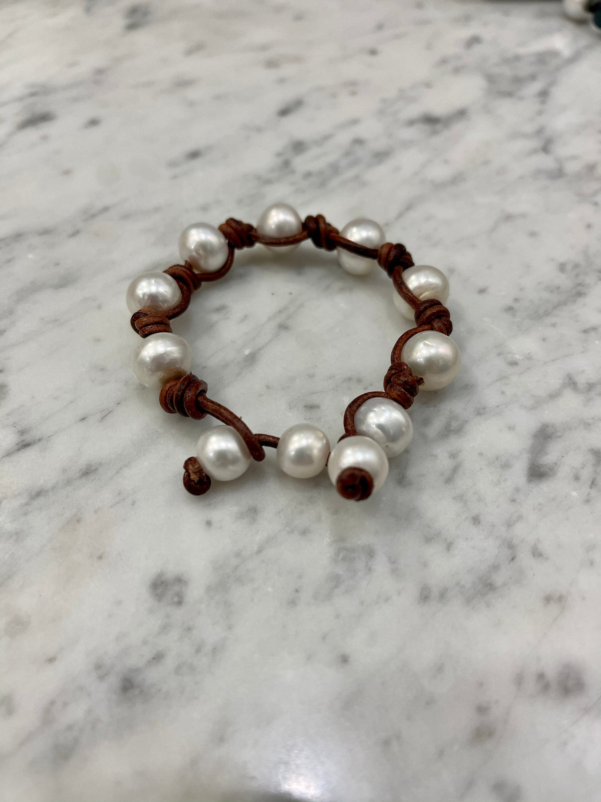 Giant White Pearl and Knotted Leather Bracelet