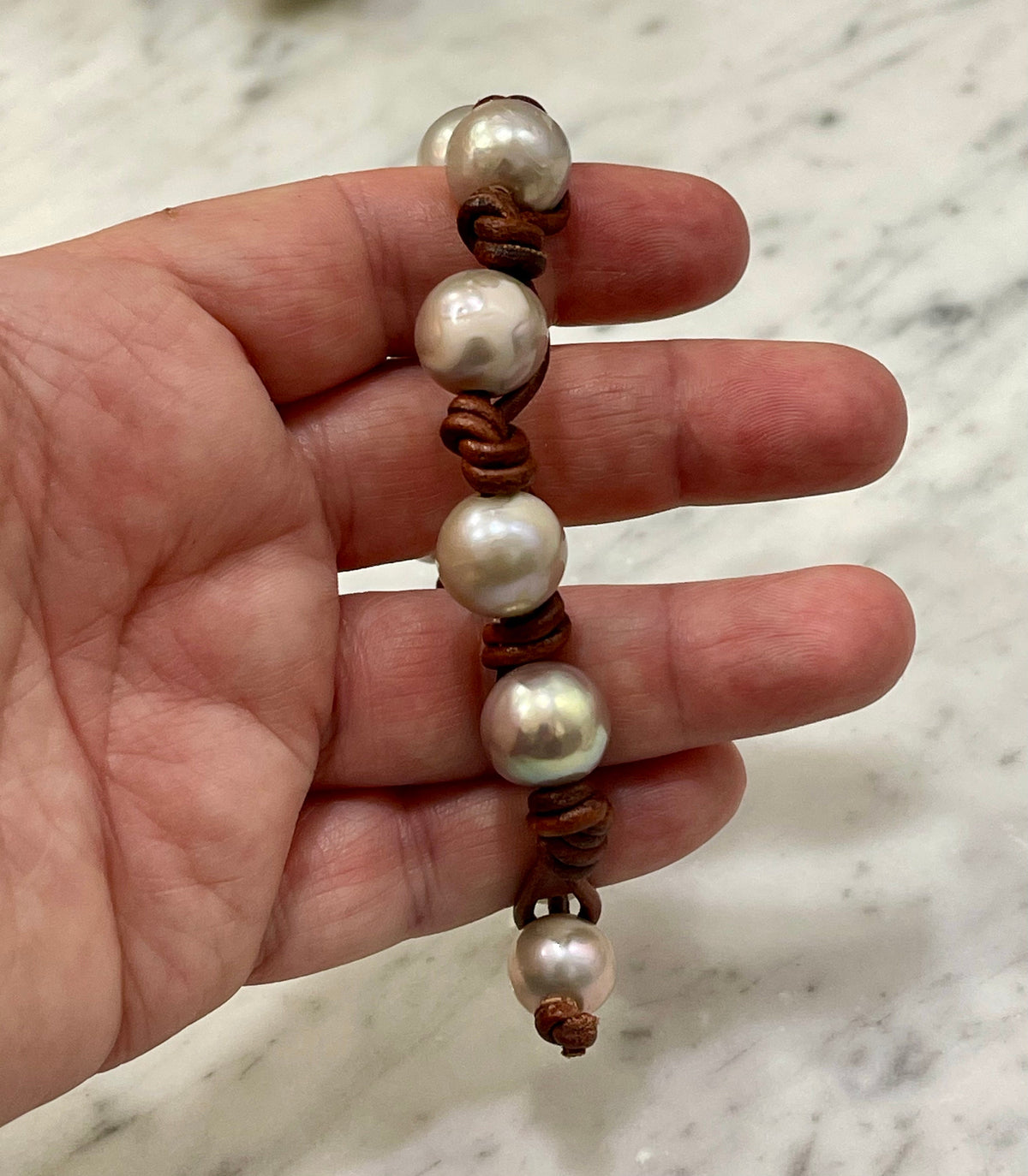 12mm Iridescent Silver Pearl and Knotted Brown Leather Bracelet