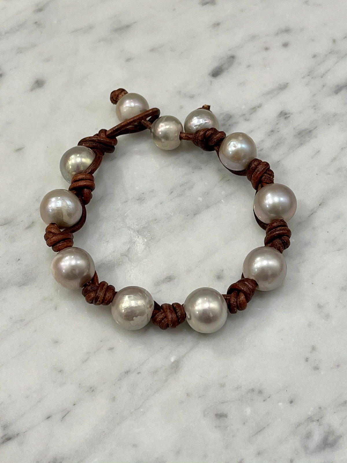 12mm Iridescent Silver Pearl and Knotted Brown Leather Bracelet