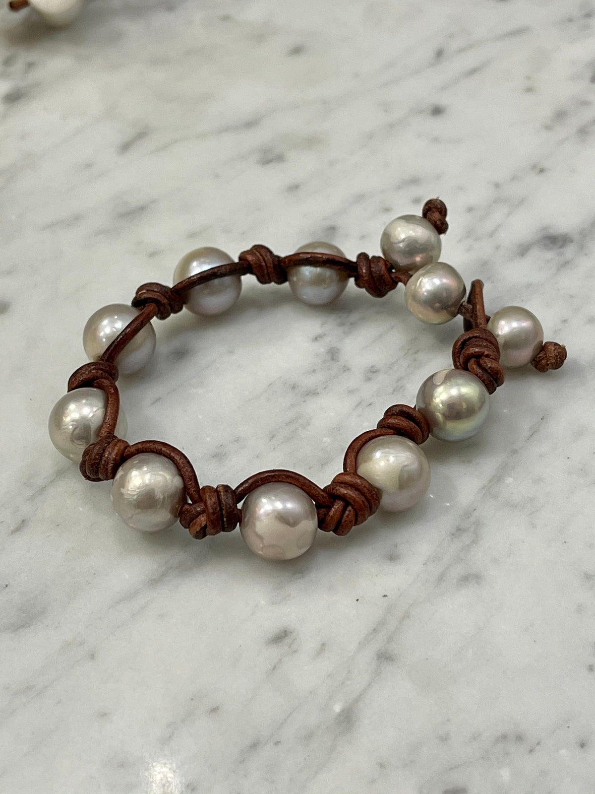 12mm Iridescent Silver Pearl and Knotted Brown Leather Bracelet