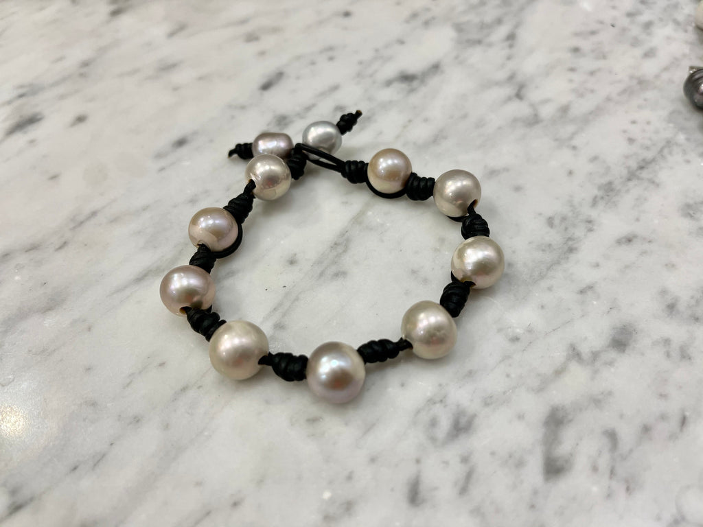 12mm Iridescent Silver Pearl and Knotted Black Leather Bracelet