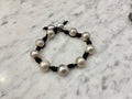 12mm Iridescent Silver Pearl and Knotted Black Leather Bracelet