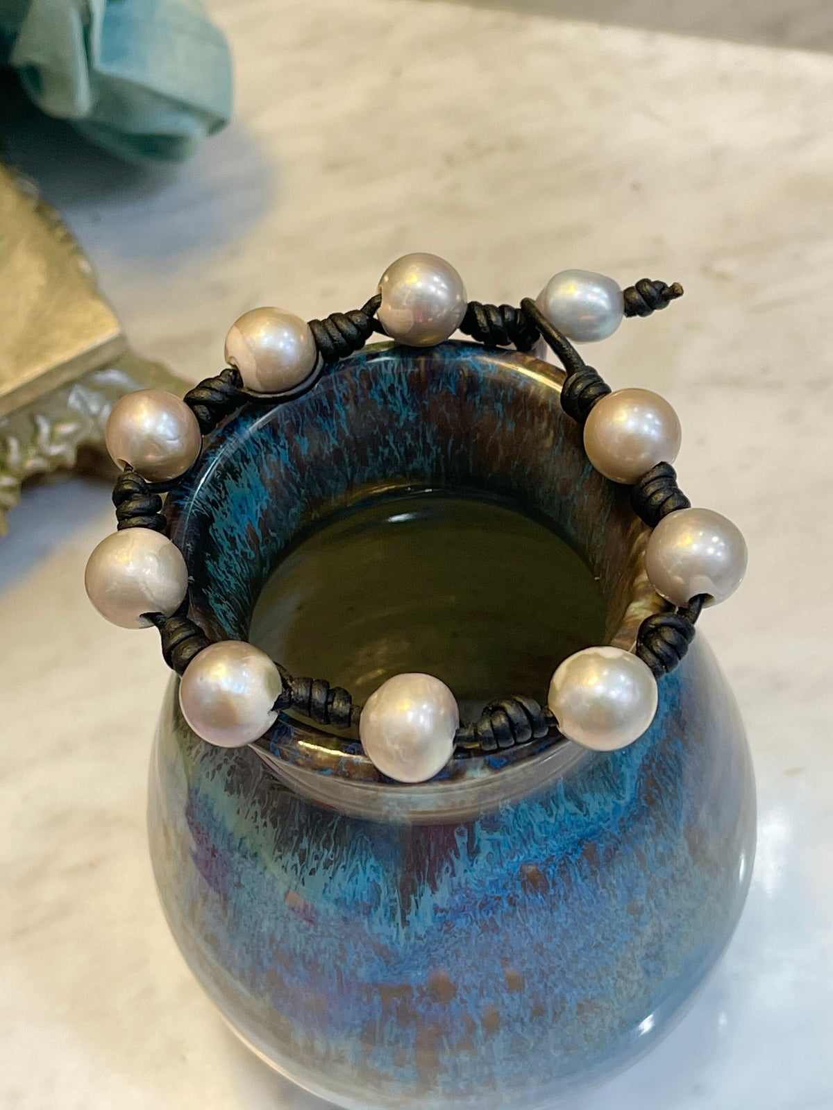 12mm Iridescent Silver Pearl and Knotted Black Leather Bracelet