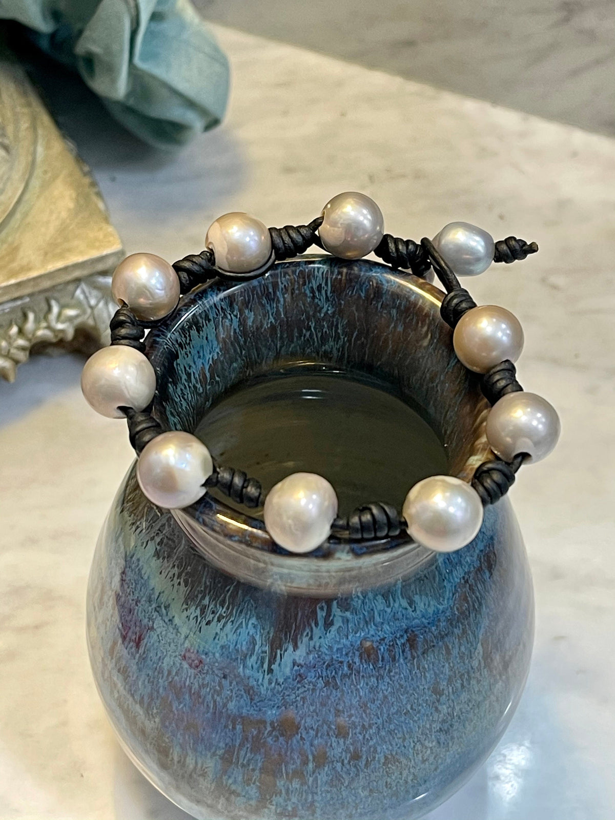 12mm Iridescent Silver Pearl and Knotted Black Leather Bracelet