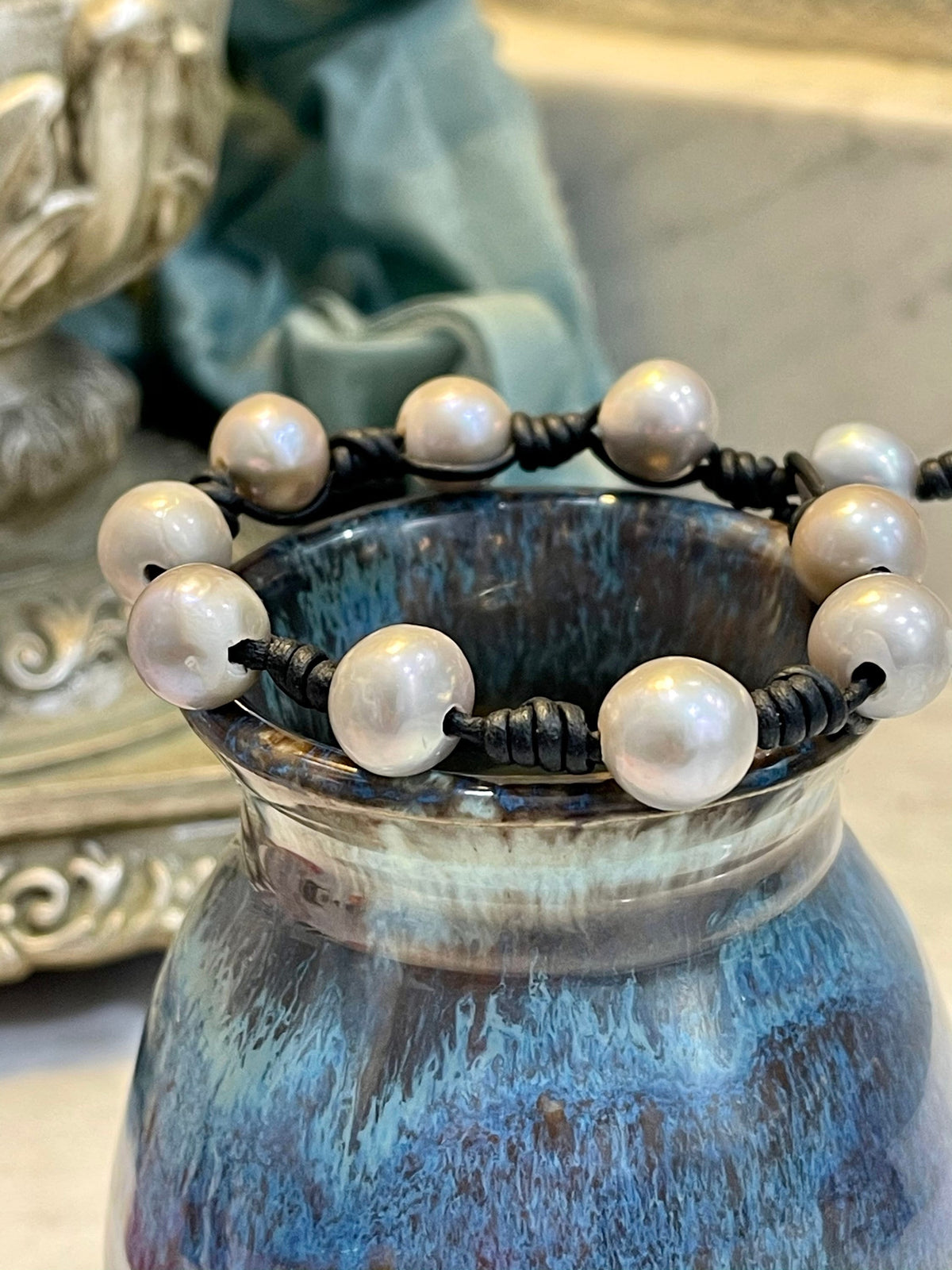 12mm Iridescent Silver Pearl and Knotted Black Leather Bracelet