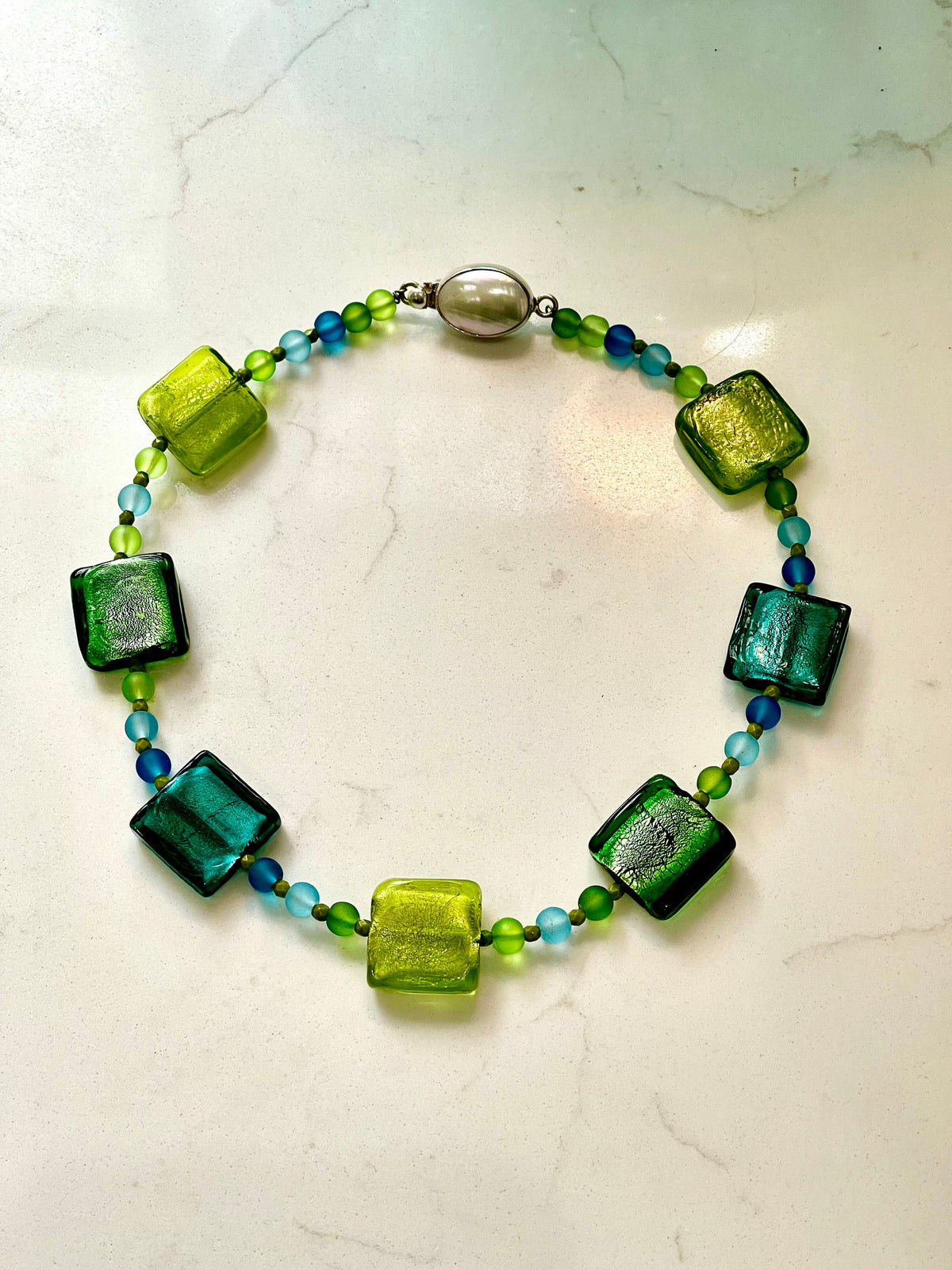 Hand-Blown Murano Glass Necklace: Aqua Green Sterling Silver Clasp