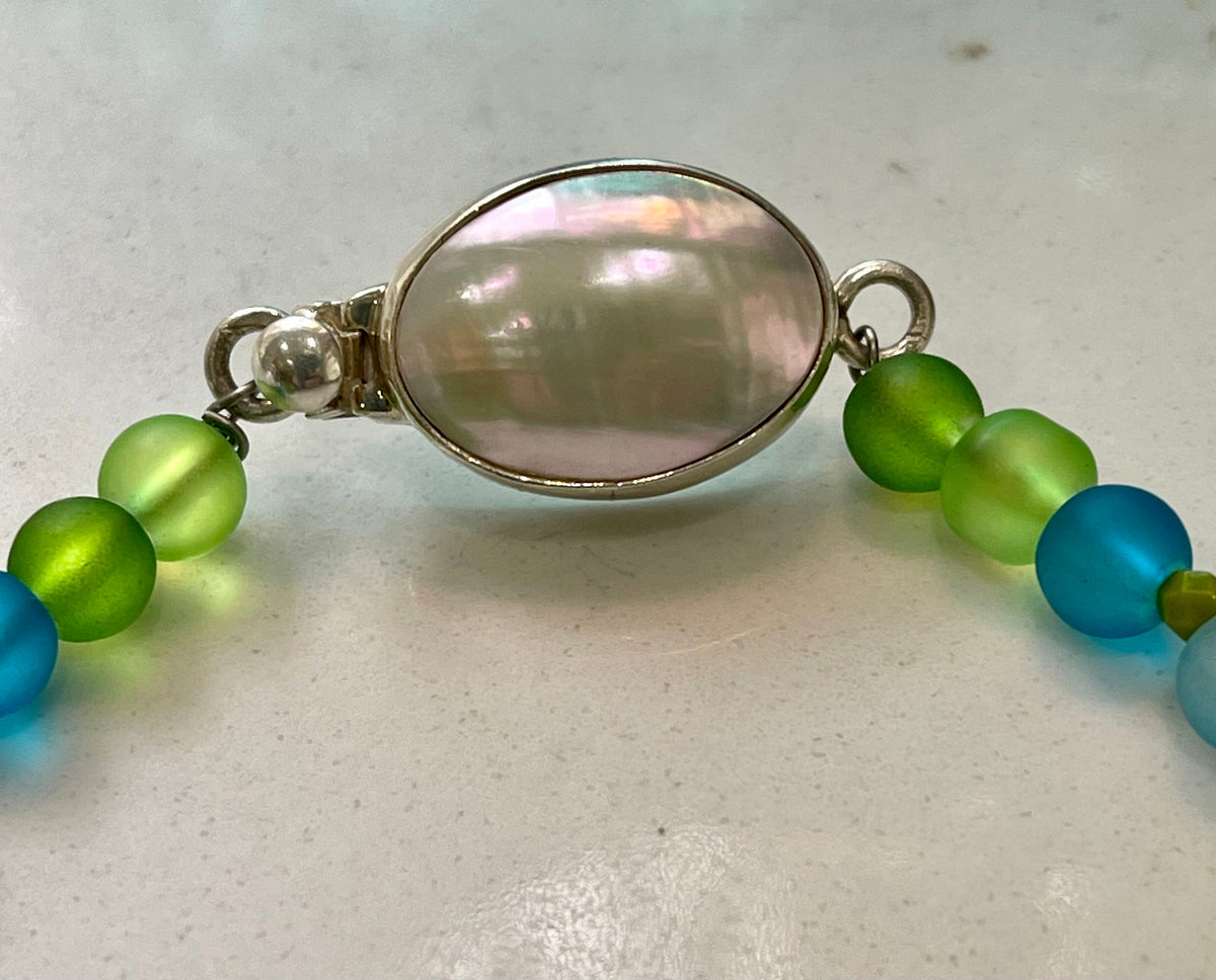 Hand-Blown Murano Glass Necklace: Aqua Green Sterling Silver Clasp