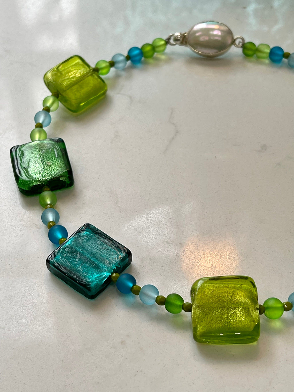 Hand-Blown Murano Glass Necklace: Aqua Green Sterling Silver Clasp