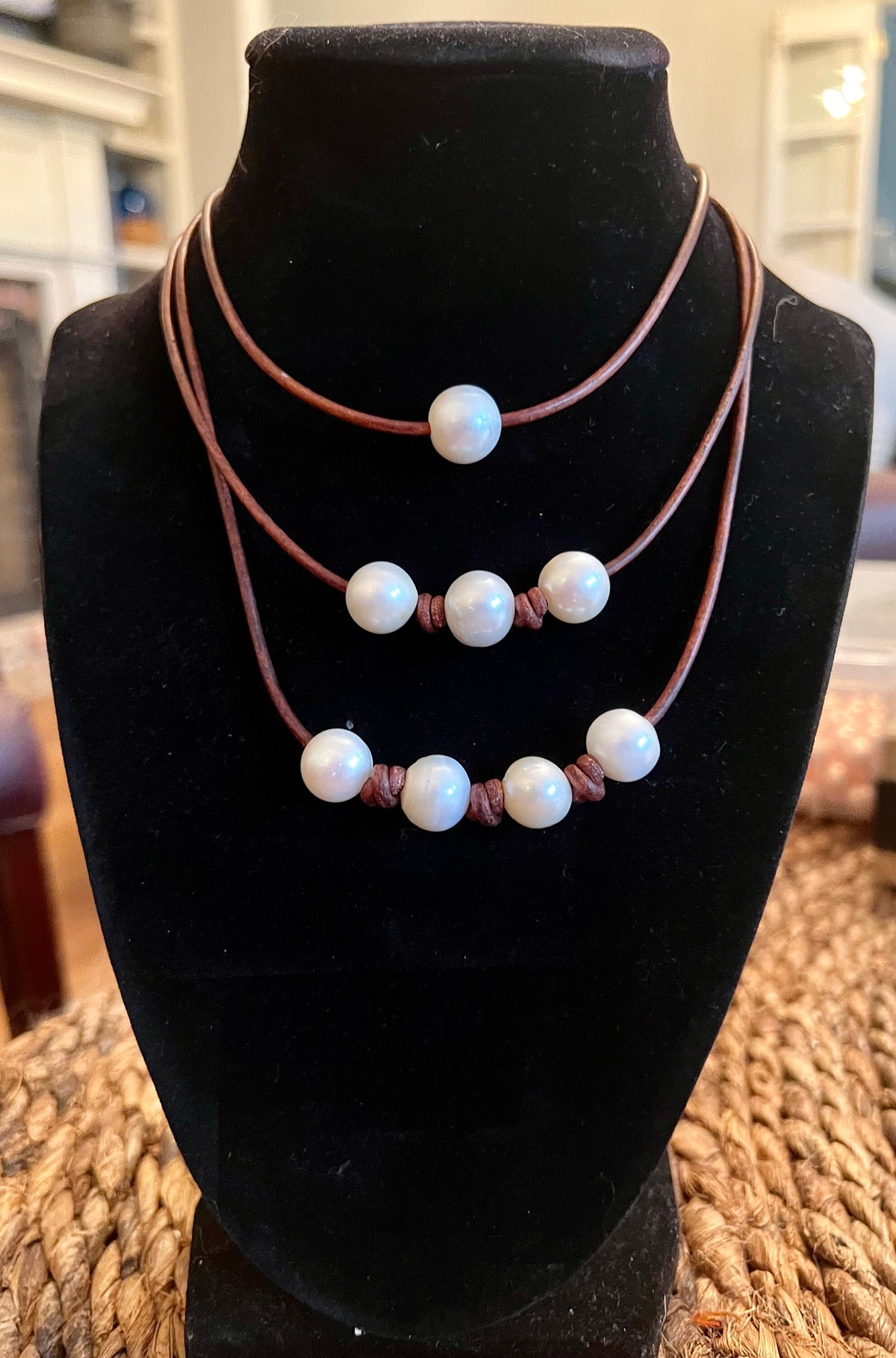 Four Pearl Necklace on knotted brown leather