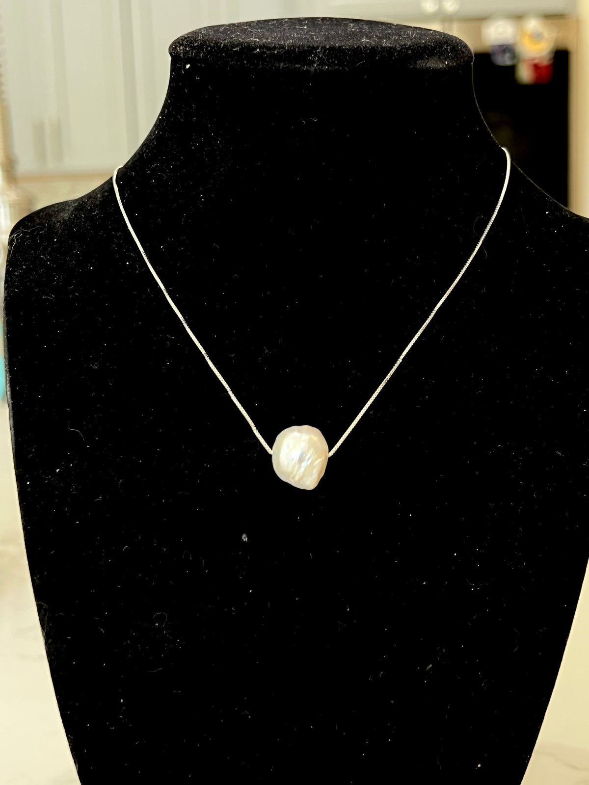 Flameball Giant White Baroque Floating Pearl  on 17.5” Sterling Silver necklace