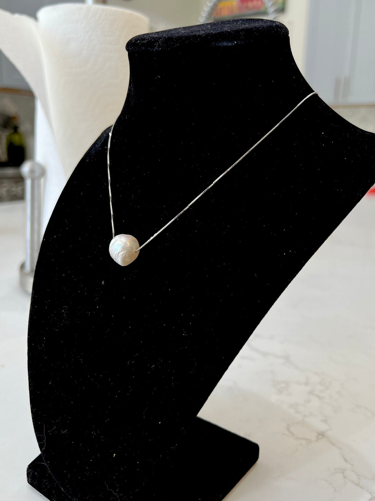 Flameball Giant White Baroque Floating Pearl  on 17.5” Sterling Silver necklace