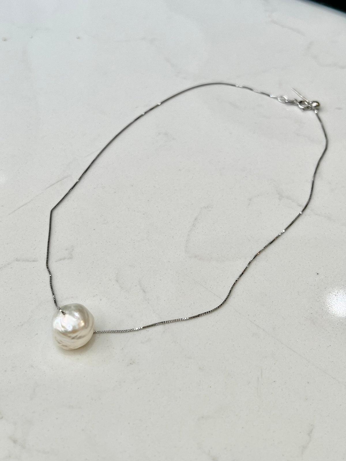 Flameball Giant White Baroque Floating Pearl  on 17.5” Sterling Silver necklace