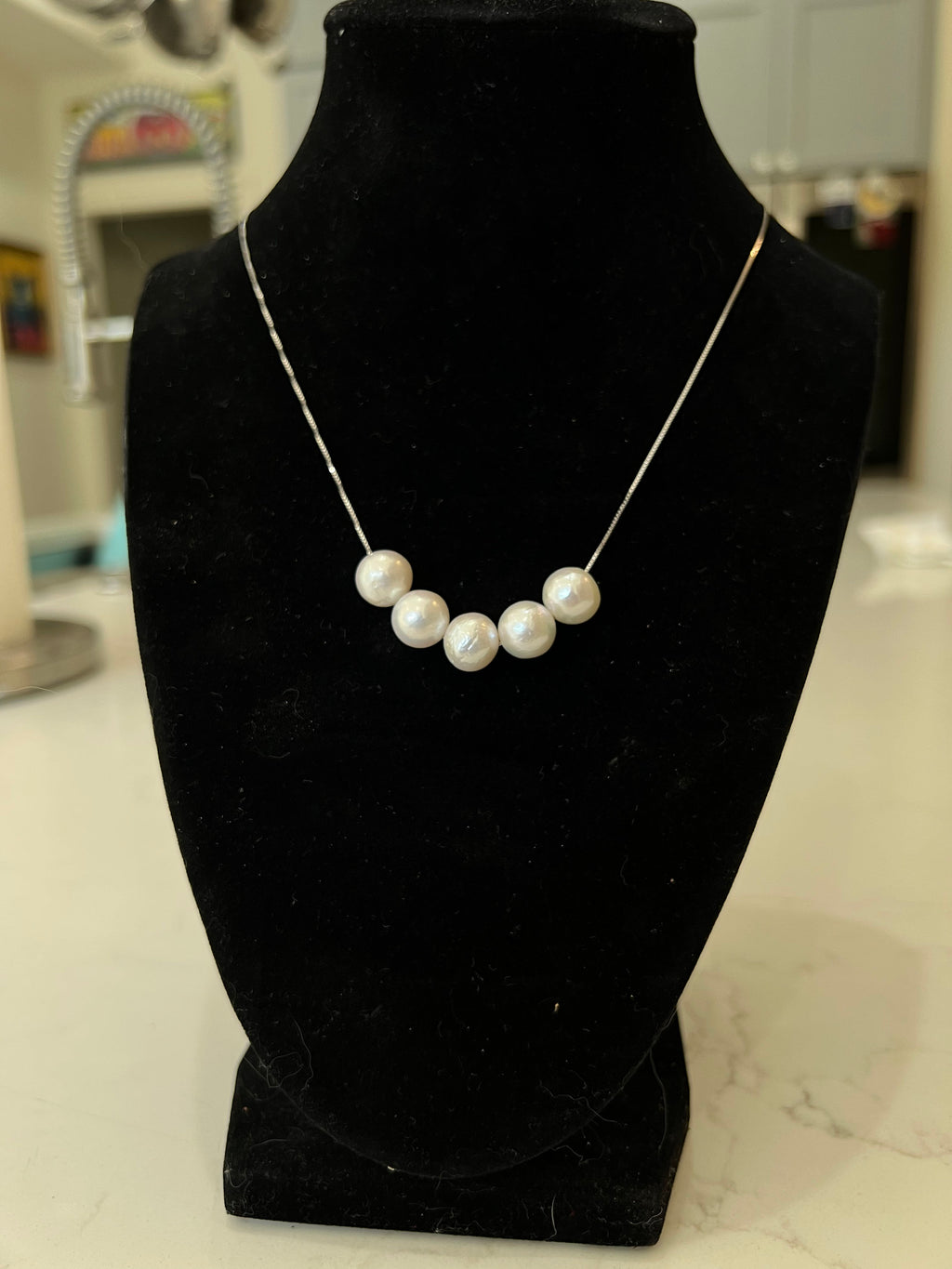 Five Floating White Pearls  on 17.5” Sterling Silver necklace